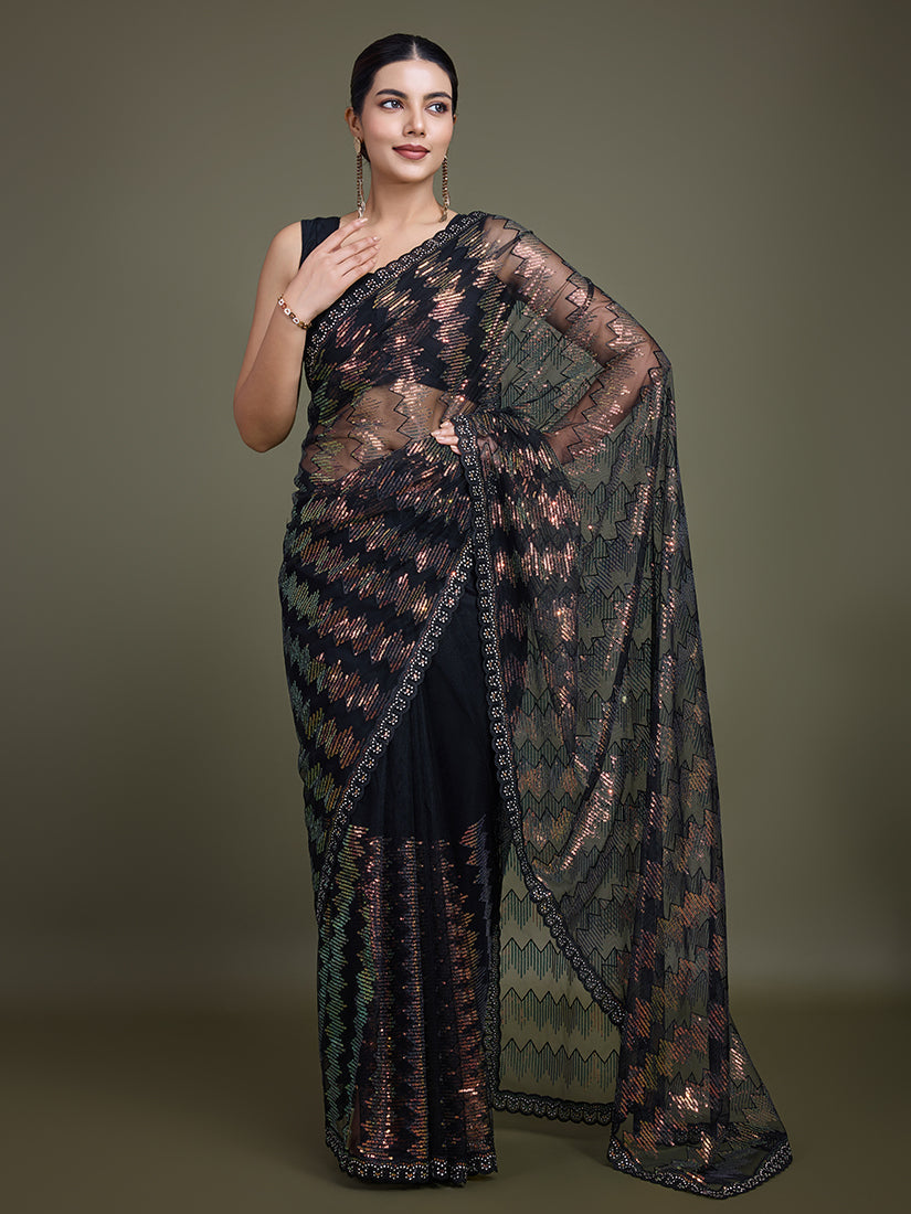 Monjolika Fashion Sequin Black Color Net Ultimate Party Wear Fashion Saree