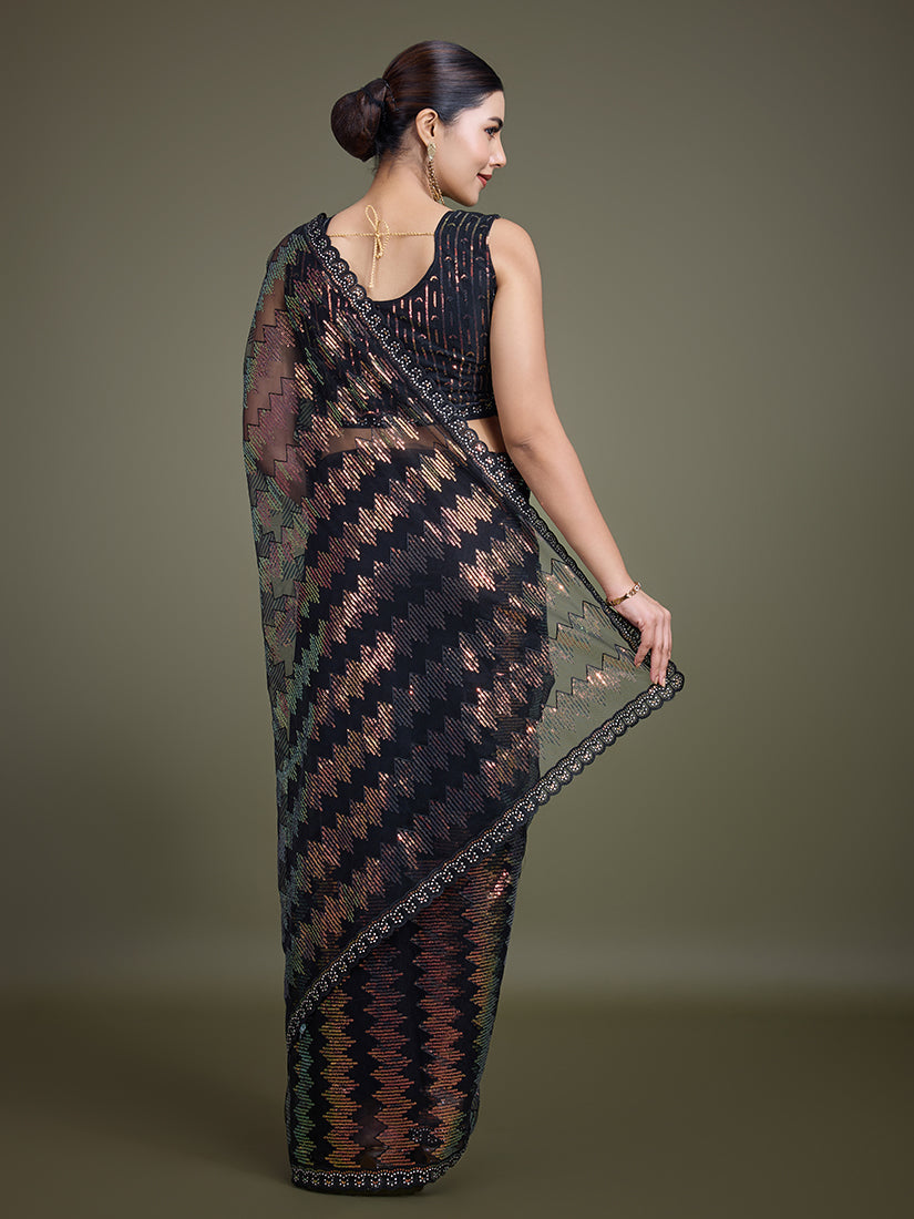Monjolika Fashion Sequin Black Color Net Ultimate Party Wear Fashion Saree