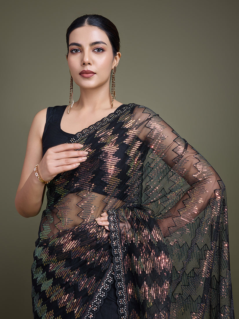 Monjolika Fashion Sequin Black Color Net Ultimate Party Wear Fashion Saree