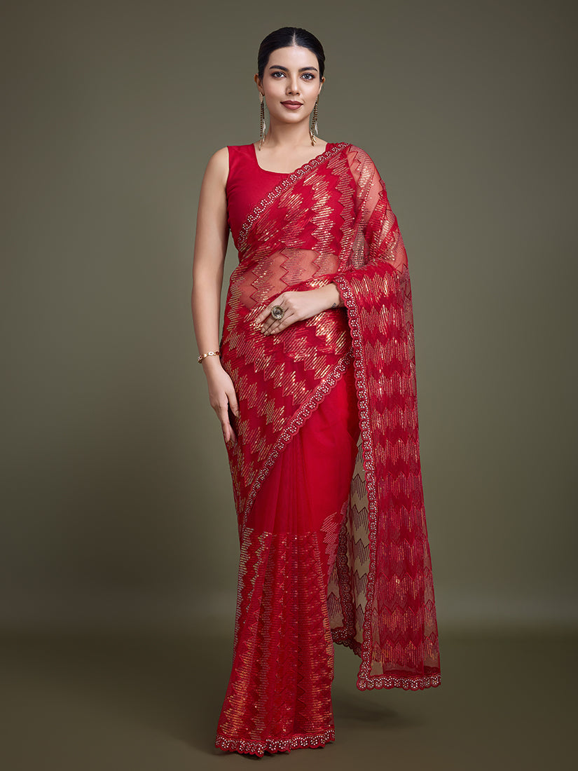 Monjolika Fashion Sequin Red Color Net Ultimate Party Wear Fashion Saree