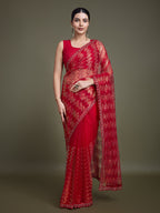 Monjolika Fashion Sequin Red Color Net Ultimate Party Wear Fashion Saree