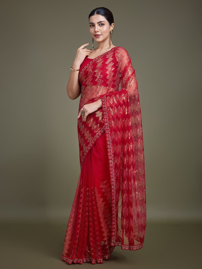 Monjolika Fashion Sequin Red Color Net Ultimate Party Wear Fashion Saree