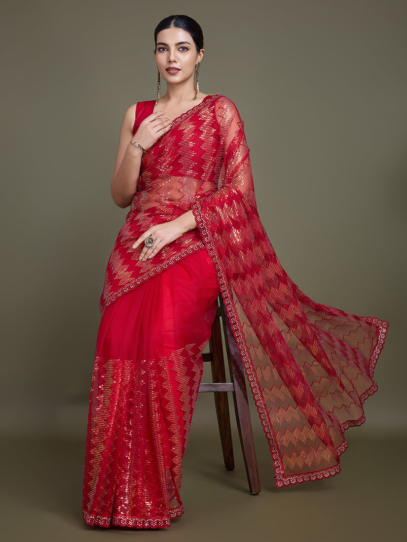 Monjolika Fashion Sequin Red Color Net Ultimate Party Wear Fashion Saree