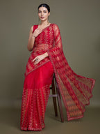 Monjolika Fashion Sequin Red Color Net Ultimate Party Wear Fashion Saree