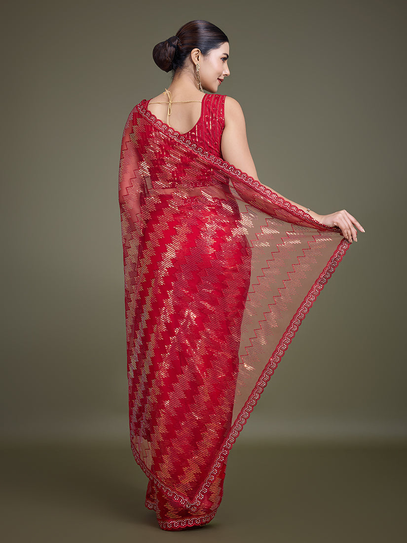 Monjolika Fashion Sequin Red Color Net Ultimate Party Wear Fashion Saree