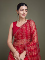 Monjolika Fashion Sequin Red Color Net Ultimate Party Wear Fashion Saree