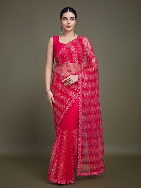 Monjolika Fashion Sequin Dark Pink Color Net Ultimate Party Wear Fashion Saree