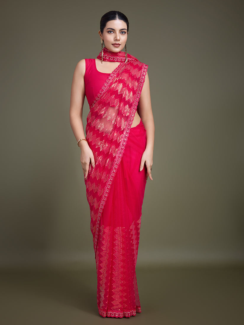 Monjolika Fashion Sequin Dark Pink Color Net Ultimate Party Wear Fashion Saree - Distacart
