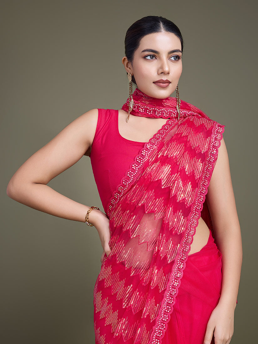 Monjolika Fashion Sequin Dark Pink Color Net Ultimate Party Wear Fashion Saree - Distacart