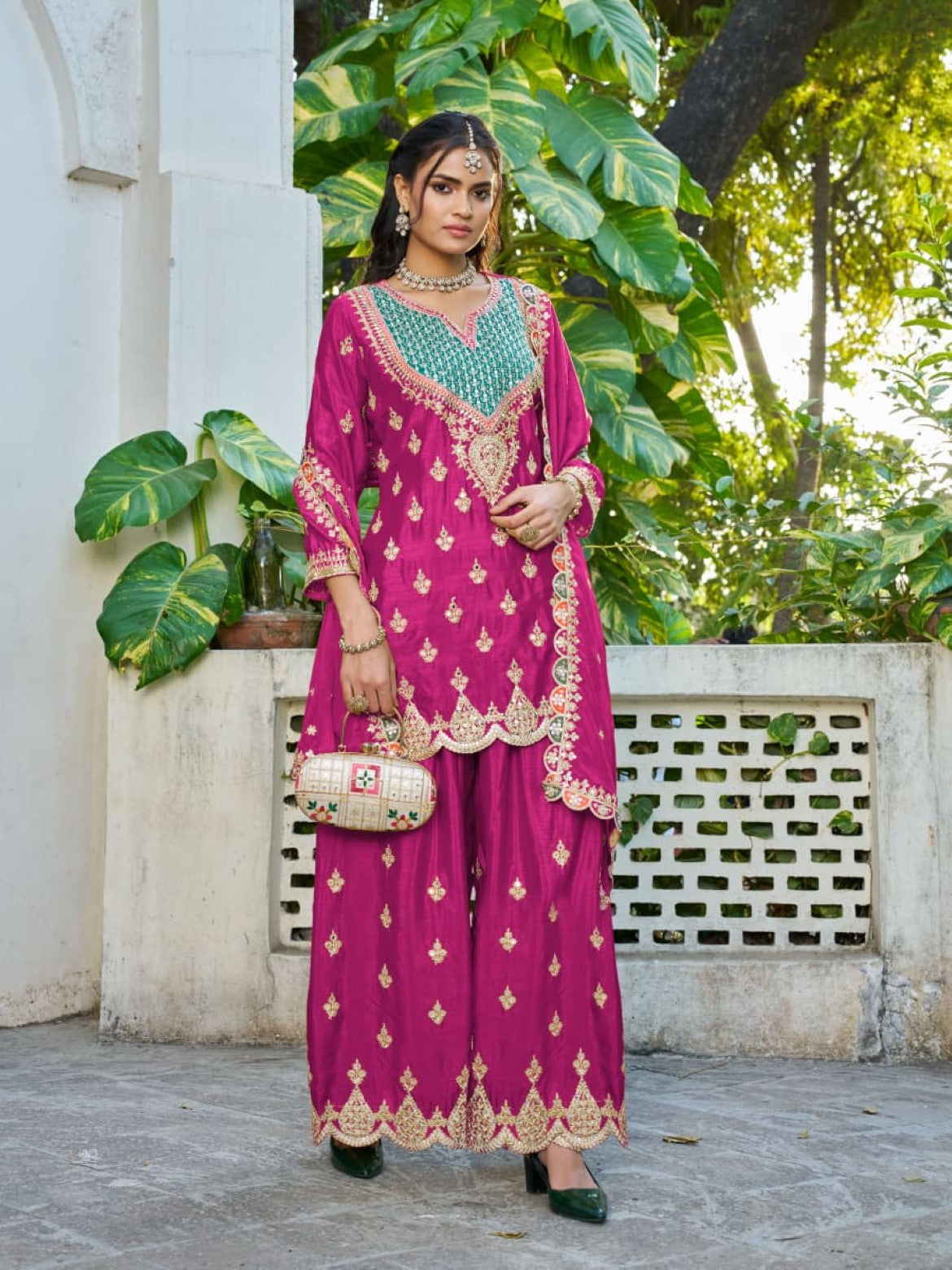 Anaita Hot Pink Chinon Stitched Plazzo Suit With Dhaga & Sequence Work - Distacart