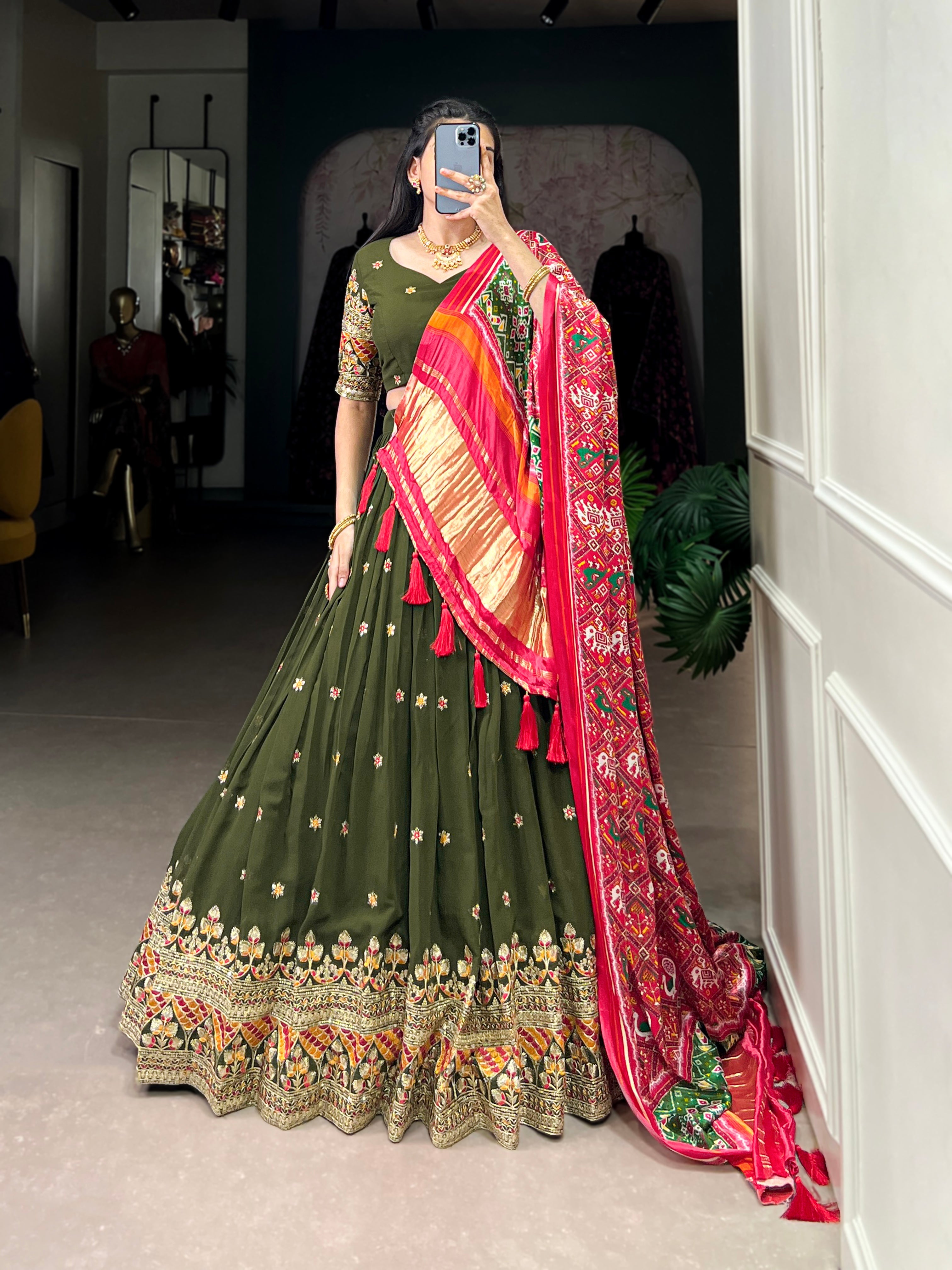 Lorenvalley Green Georgette Sequins and Thread Embroidery Work Lehenga Choli