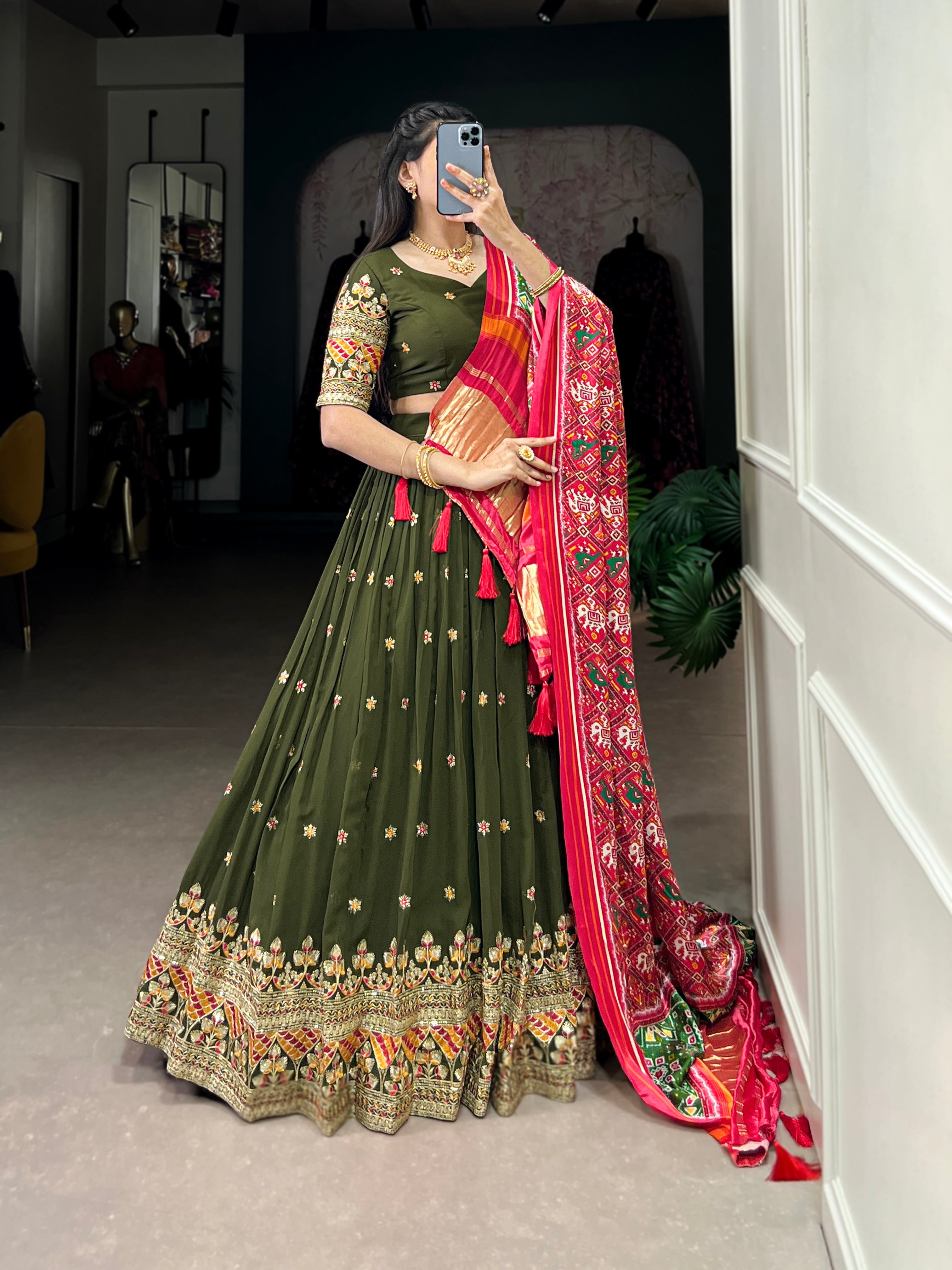 Lorenvalley Green Georgette Sequins and Thread Embroidery Work Lehenga Choli