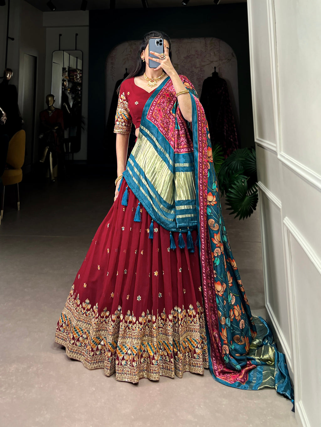 Lorenvalley Maroon Georgette Sequins and Thread Embroidery Work Lehenga Choli