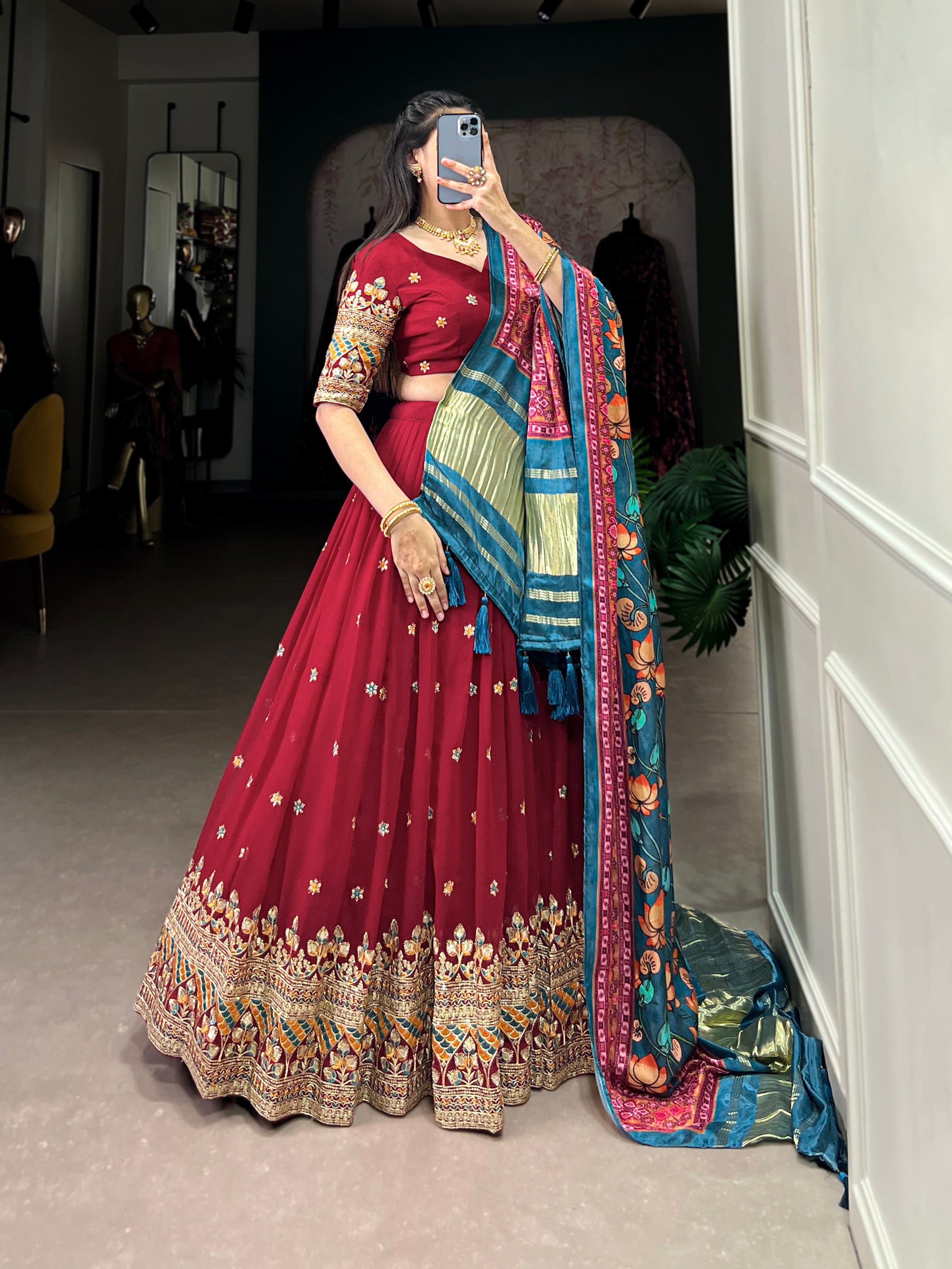 Lorenvalley Maroon Georgette Sequins and Thread Embroidery Work Lehenga Choli
