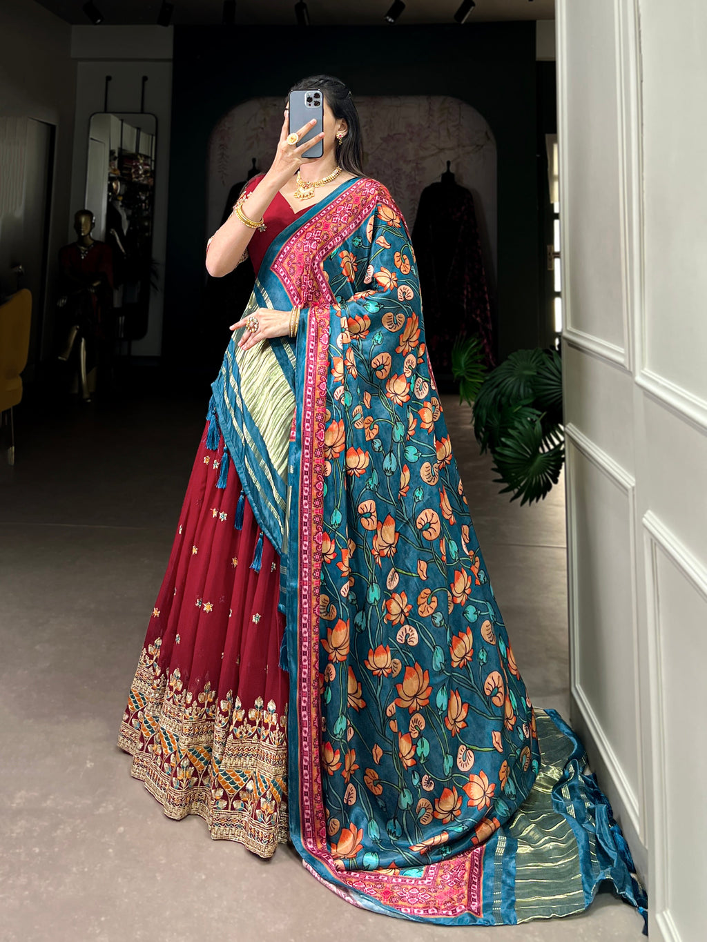 Lorenvalley Maroon Georgette Sequins and Thread Embroidery Work Lehenga Choli