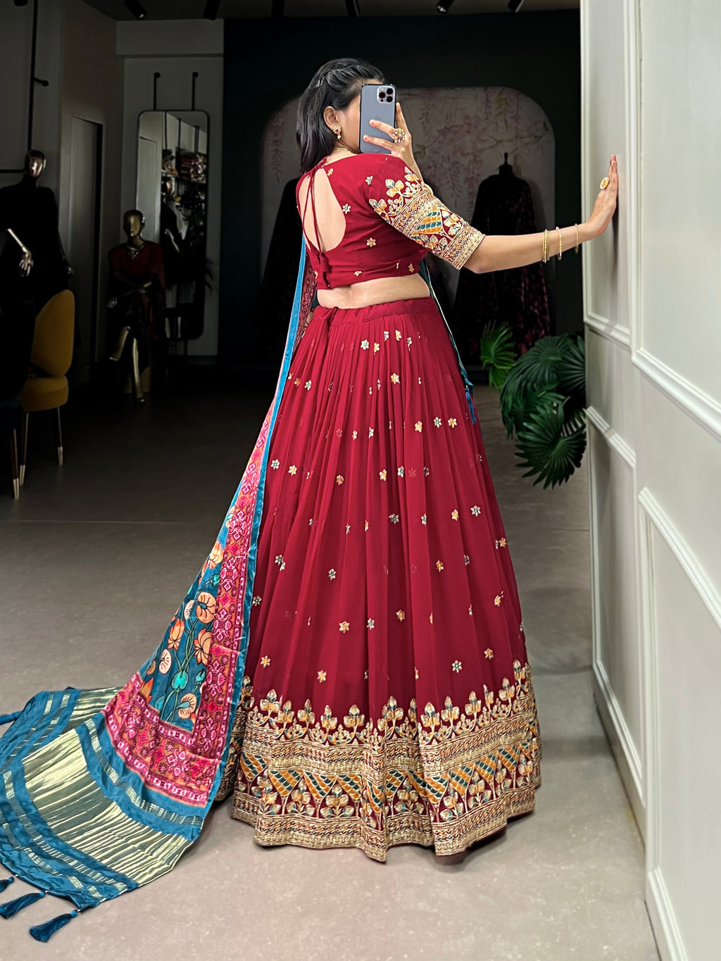 Lorenvalley Maroon Georgette Sequins and Thread Embroidery Work Lehenga Choli