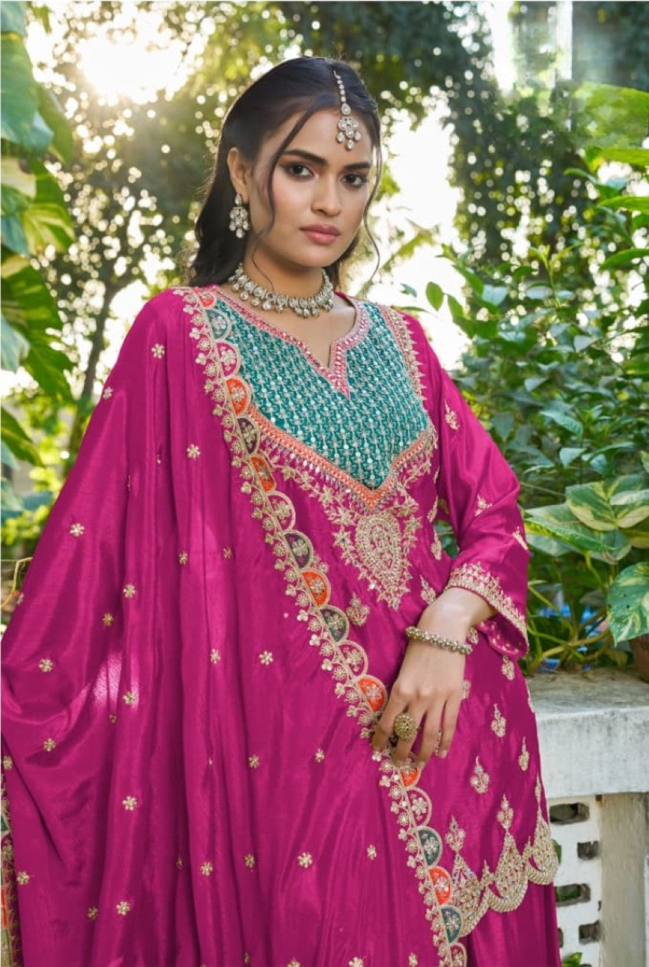 Anaita Hot Pink Chinon Stitched Plazzo Suit With Dhaga & Sequence Work - Distacart