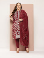 Sztori Plus-Size Gotta Patti Ethnic Motif Print Pure Cotton Kurta with Trousers & Dupatta
