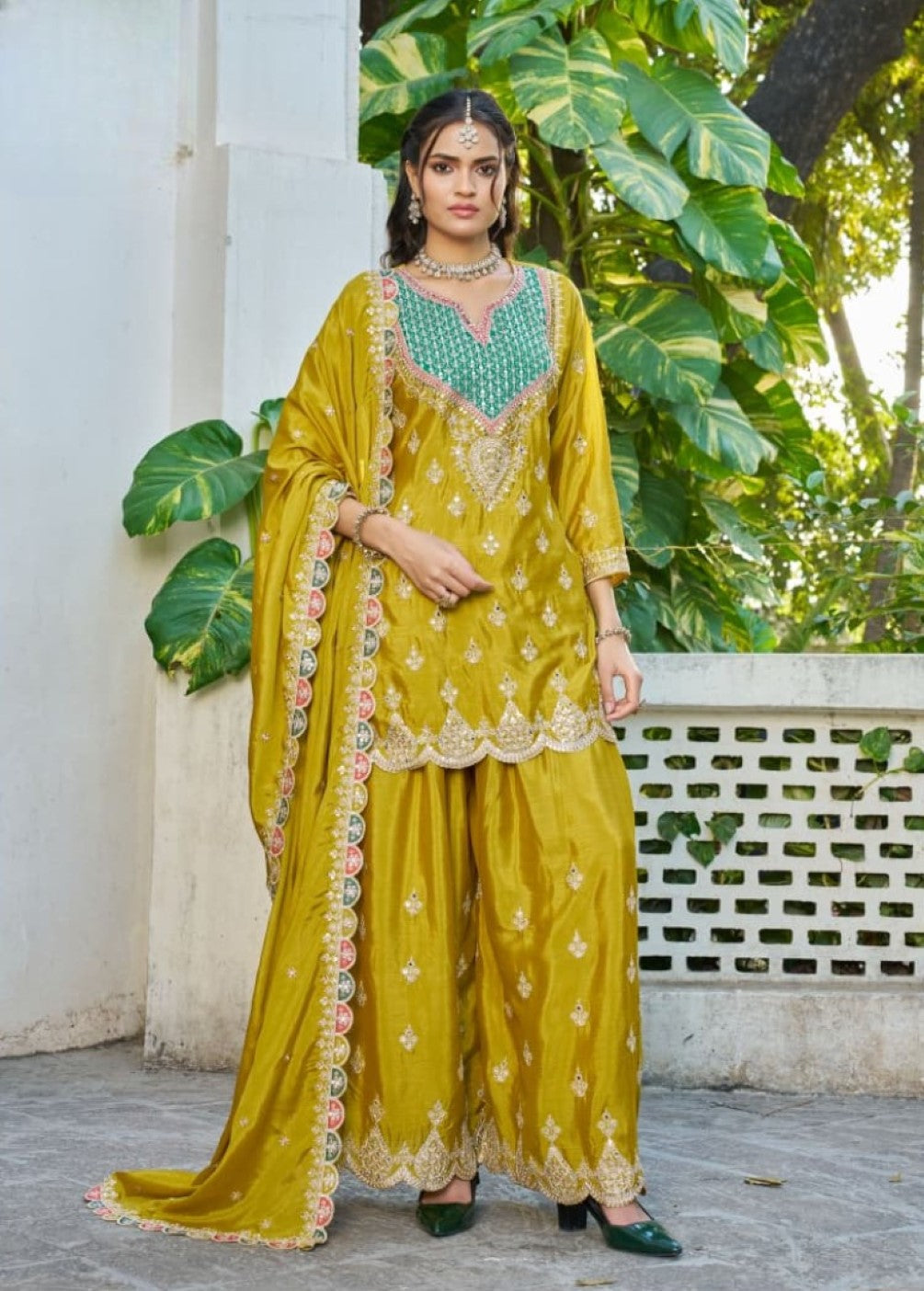 Anaita Mustard Chinon Stitched Plazzo Suit With Dhaga & Sequence Work - Distacart
