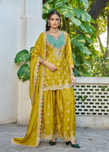 Anaita Mustard Chinon Stitched Plazzo Suit With Dhaga & Sequence Work