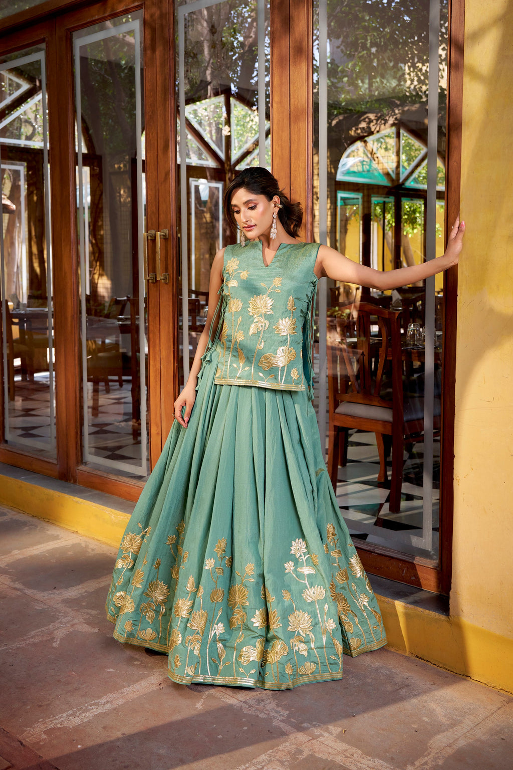 Lorenvalley Fashion Skyblue Pure Shimmer Thread Embroidery with Foil Work Lehenga Choli Co-ord Set - Distacart