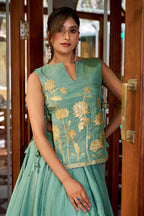 Lorenvalley Fashion Skyblue Pure Shimmer Thread Embroidery with Foil Work Lehenga Choli Co-ord Set - Distacart