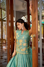 Lorenvalley Fashion Skyblue Pure Shimmer Thread Embroidery with Foil Work Lehenga Choli Co-ord Set - Distacart