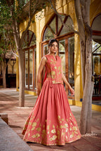Lorenvalley Fashion Rust Pure Shimmer Thread Embroidery with Foil Work Lehenga Choli Co-ord Set - Distacart