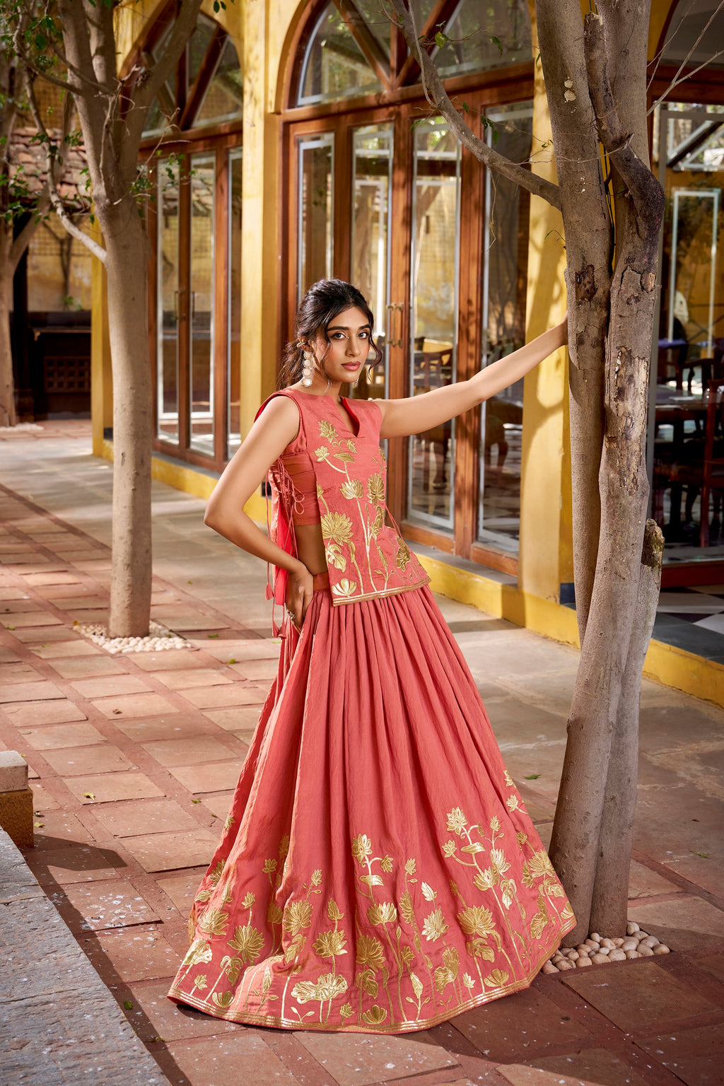 Lorenvalley Fashion Rust Pure Shimmer Thread Embroidery with Foil Work Lehenga Choli Co-ord Set - Distacart