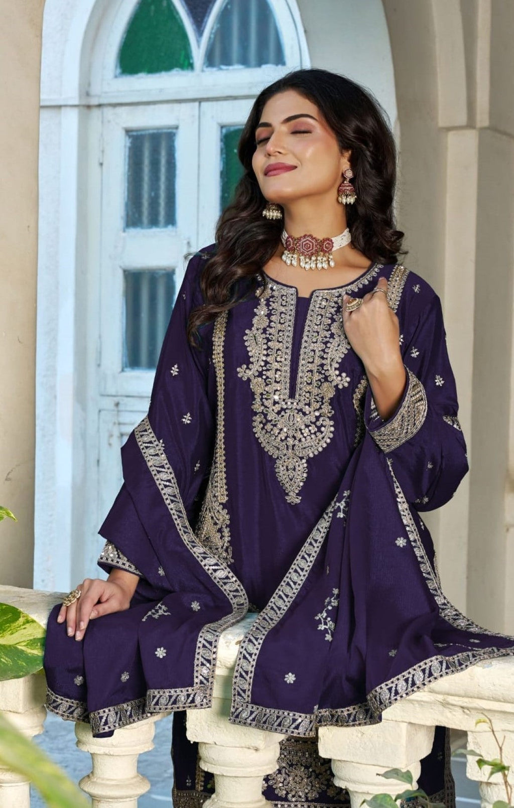 Anaita Violet Chinon Stitched Plazzo Suit With Codding Dori & Sequence Work - Distacart