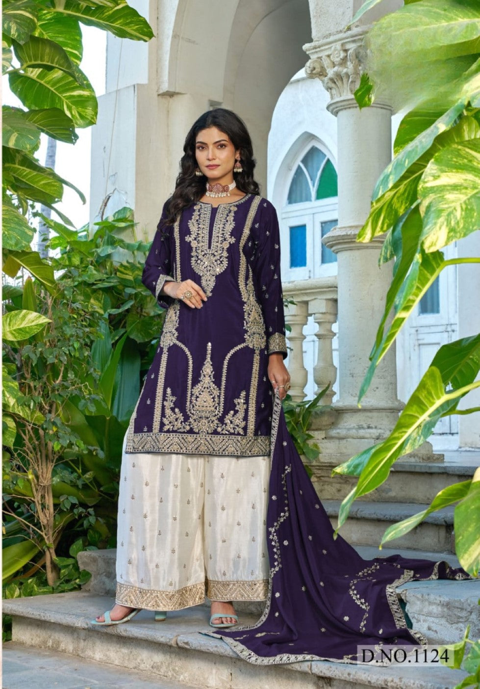 Anaita Violet Chinon Stitched Plazzo Suit With Codding Dori & Sequence Work - Distacart