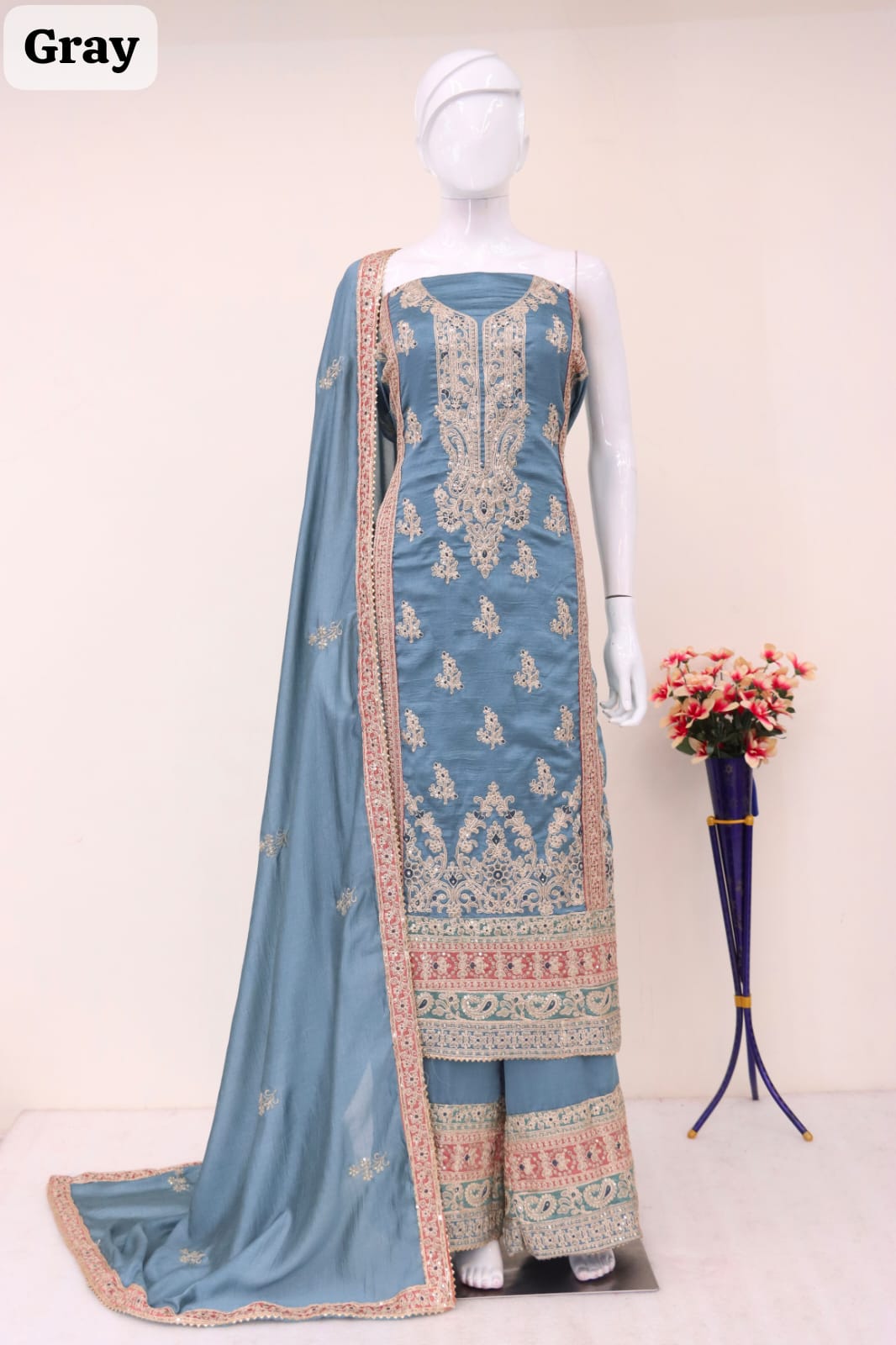 Anaita Grey Embroidered Silk Salwar Suit - Distacart