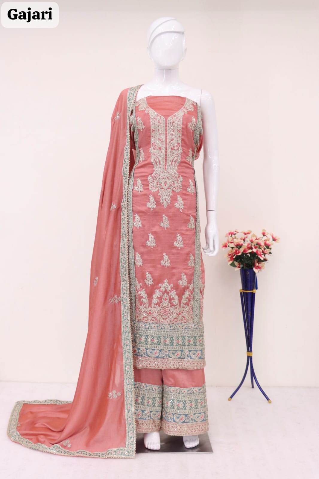 Anaita Peach Embroidered Silk Salwar Suit - Distacart