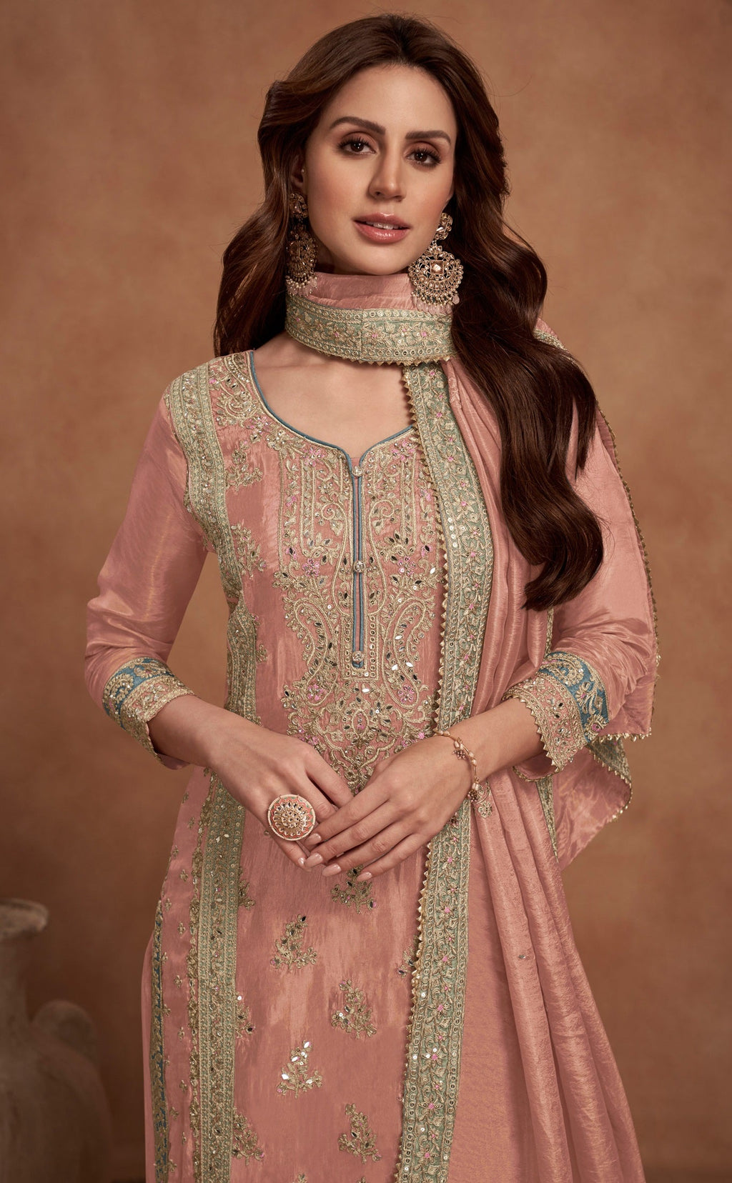 Anaita Peach Embroidered Silk Salwar Suit - Distacart