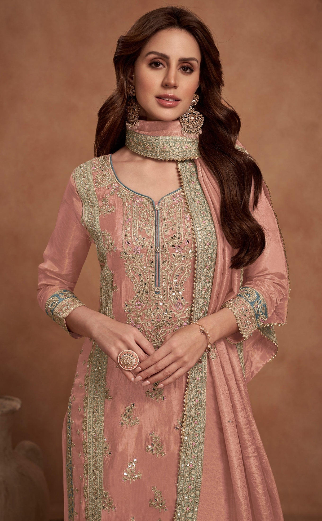 Anaita Peach Embroidered Silk Salwar Suit - Distacart