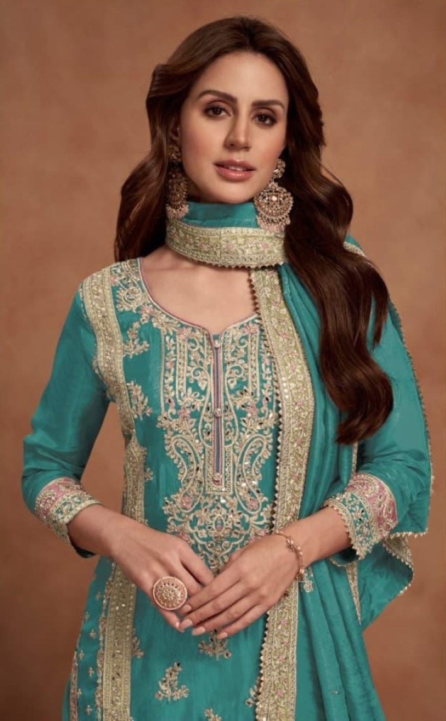 Anaita Teal Green Embroidered Silk Salwar Suit - Distacart