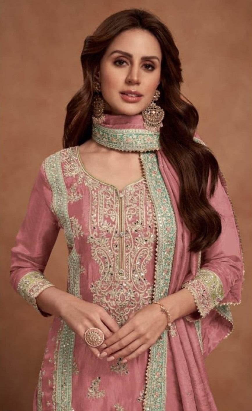 Anaita Dark Peach Embroidered Silk Salwar Suit - Distacart