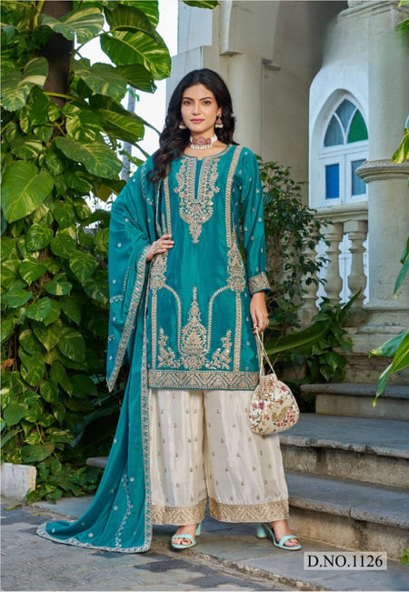 Anaita Blue Chinon Stitched Plazzo Suit With Codding Dori & Sequence Work