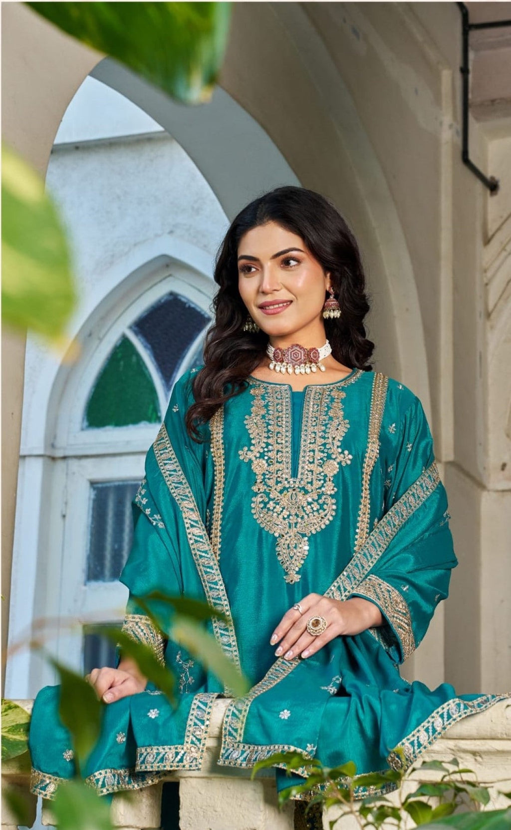Anaita Blue Chinon Stitched Plazzo Suit With Codding Dori & Sequence Work - Distacart