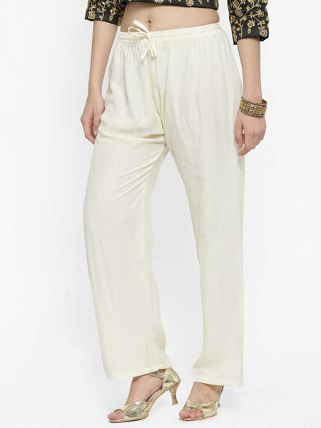 PAVONINE Off White Color Straight Fit Rayon Fabric Palazzo For Women