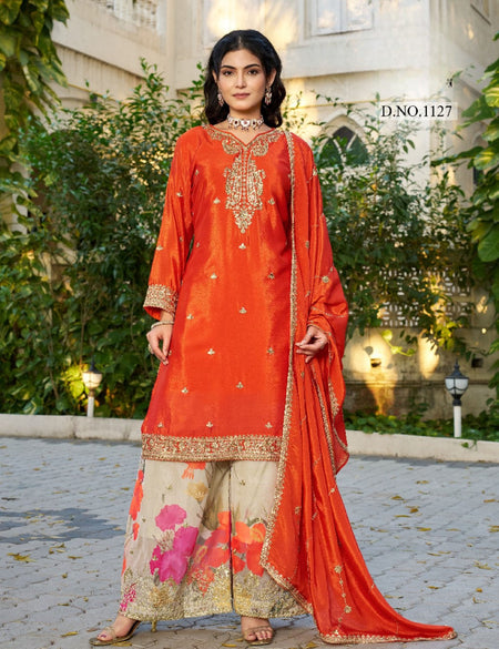 Anaita Orange Chinon Stitched Plazzo Suit With Codding Dori & Sequence Work