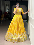 Lorenvalley Fashion Yellow Tussar Silk Printed Lehenga Choli with Koti