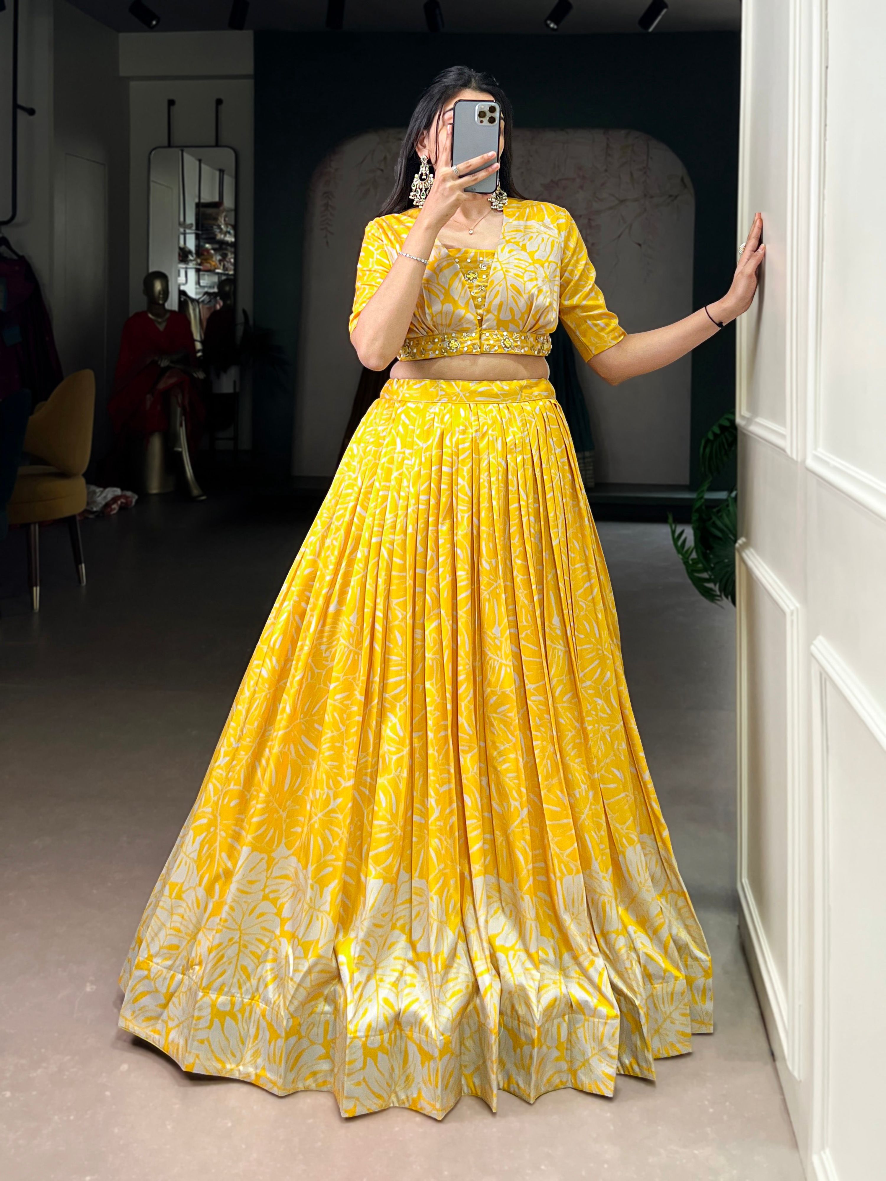 Lorenvalley Fashion Yellow Tussar Silk Printed Lehenga Choli with Koti