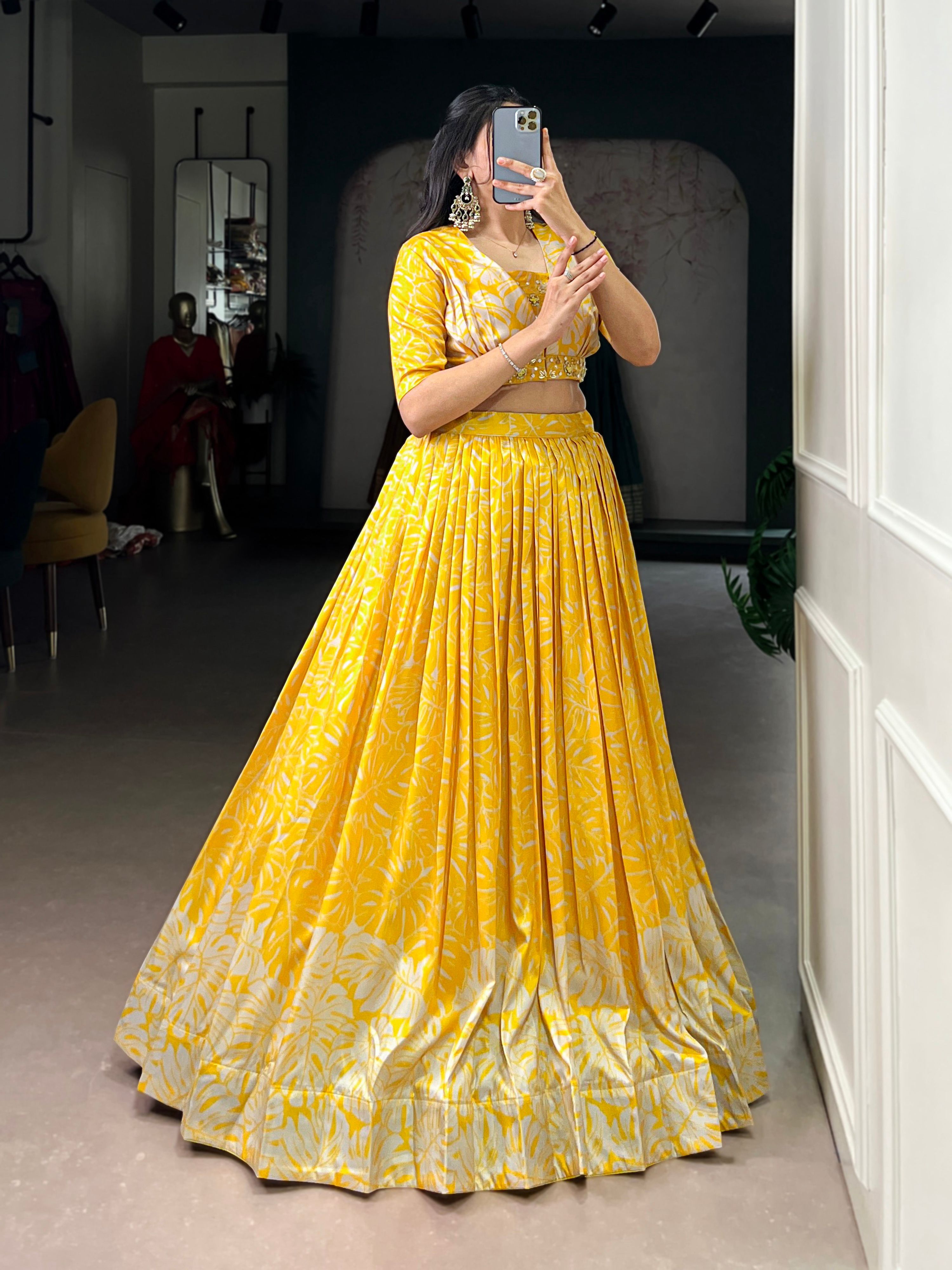 Lorenvalley Fashion Yellow Tussar Silk Printed Lehenga Choli with Koti
