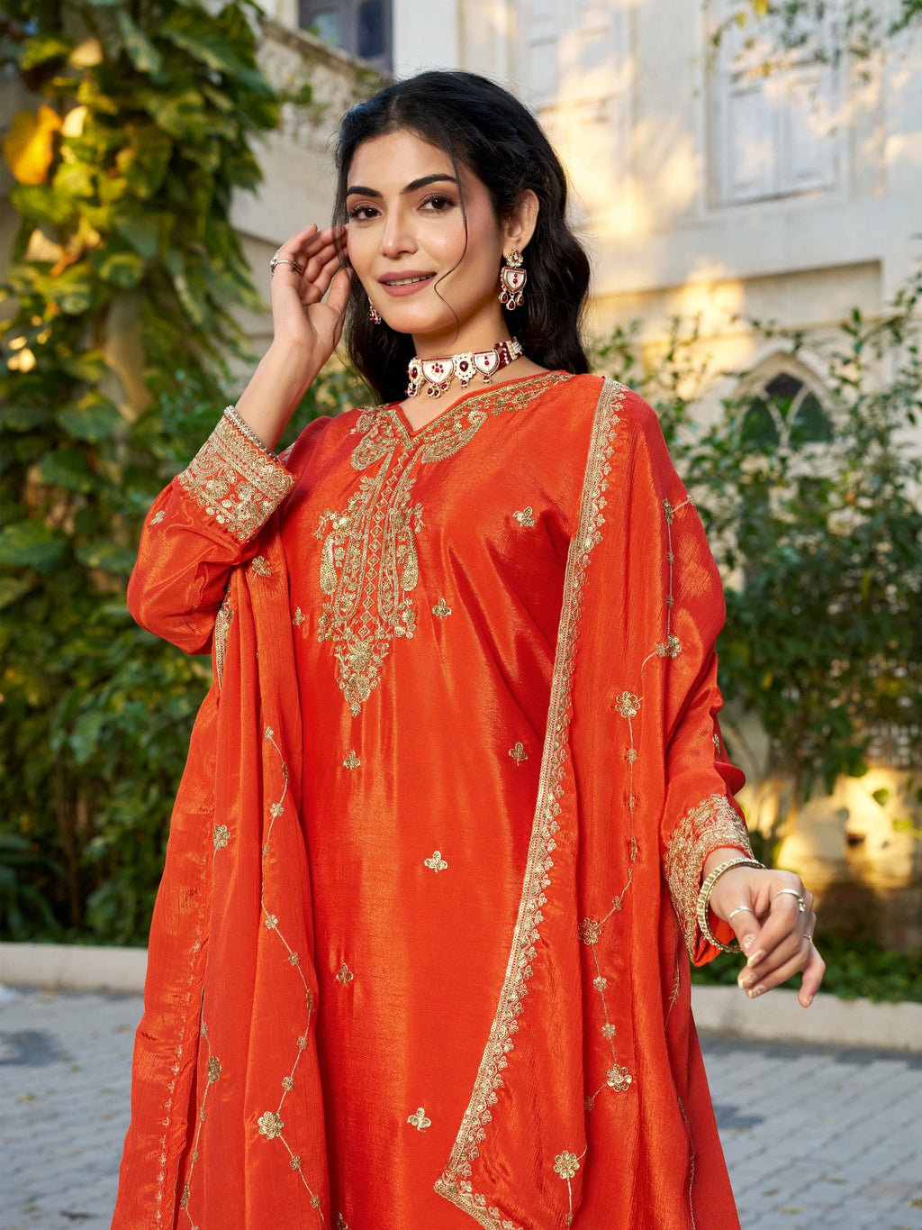 Anaita Orange Chinon Stitched Plazzo Suit With Codding Dori & Sequence Work - Distacart