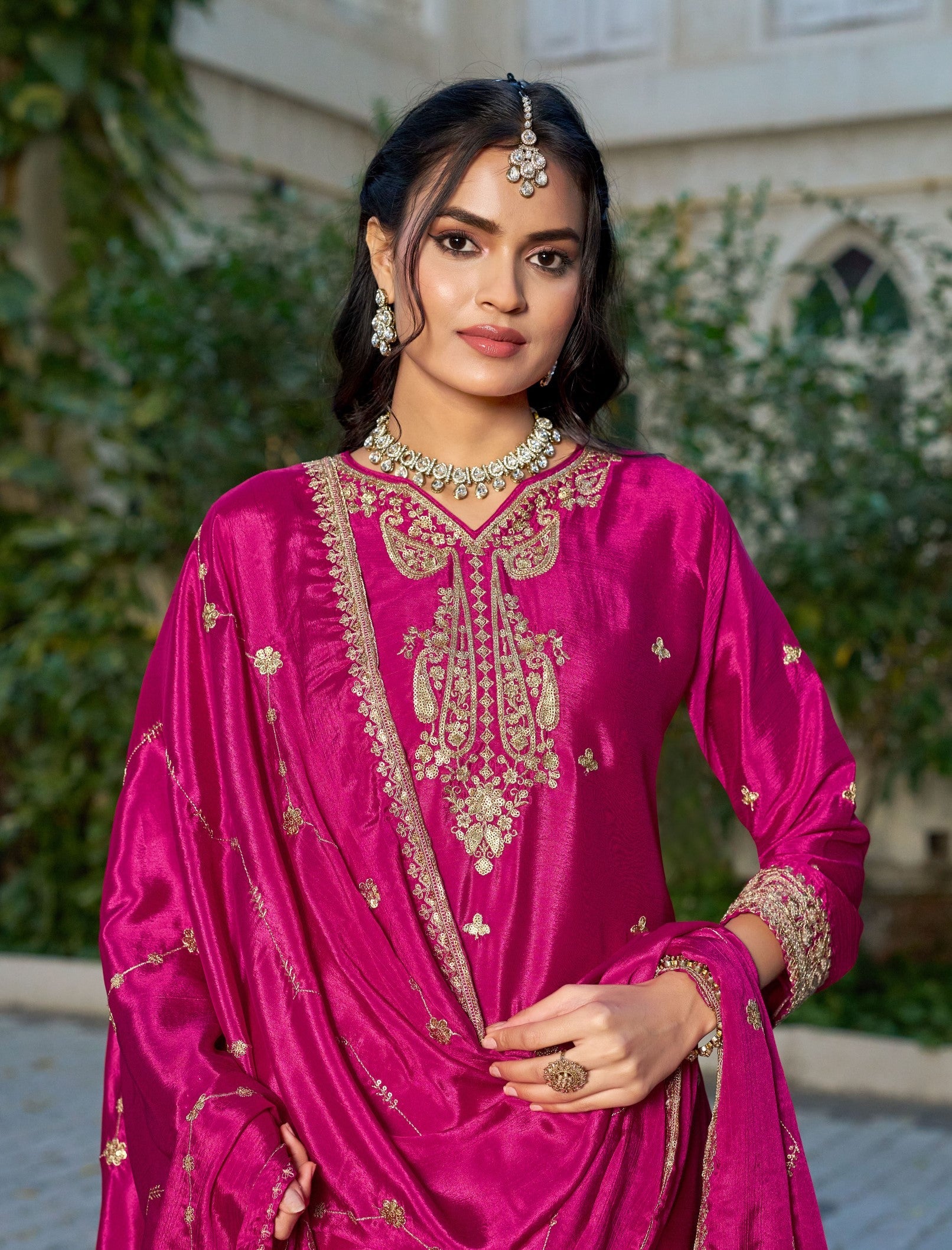 Anaita Hot Pink Chinon Stitched Plazo Suit With Coding Dori & Sequence Work - Distacart