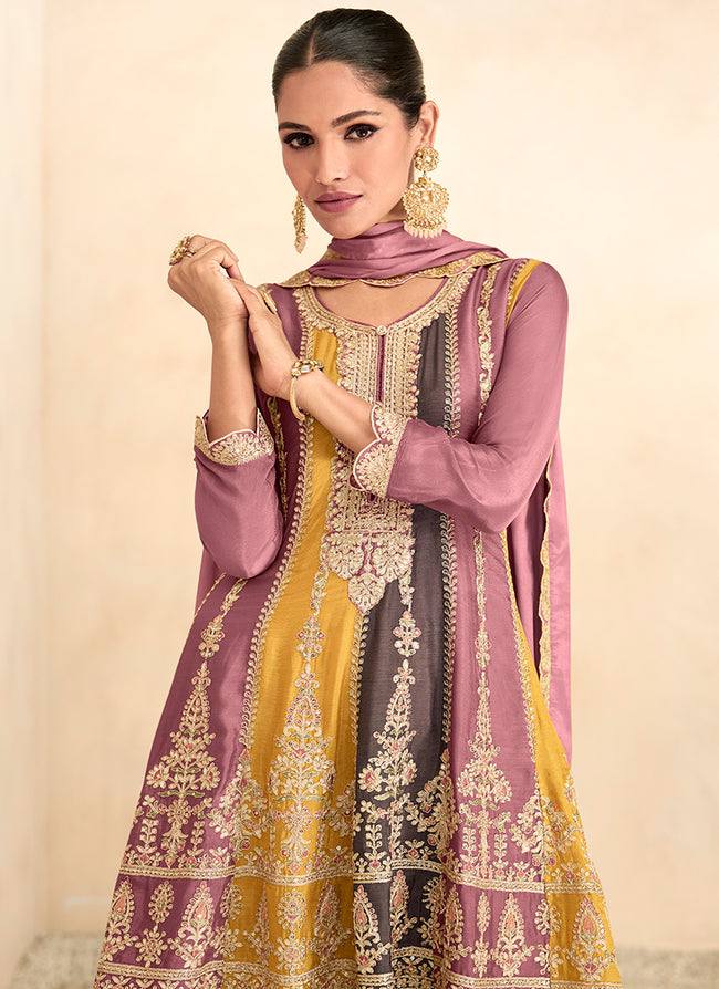 Lorenvalley Multicolor Chinon Embroidery With Sequince Work Salwar Kameez Stitched