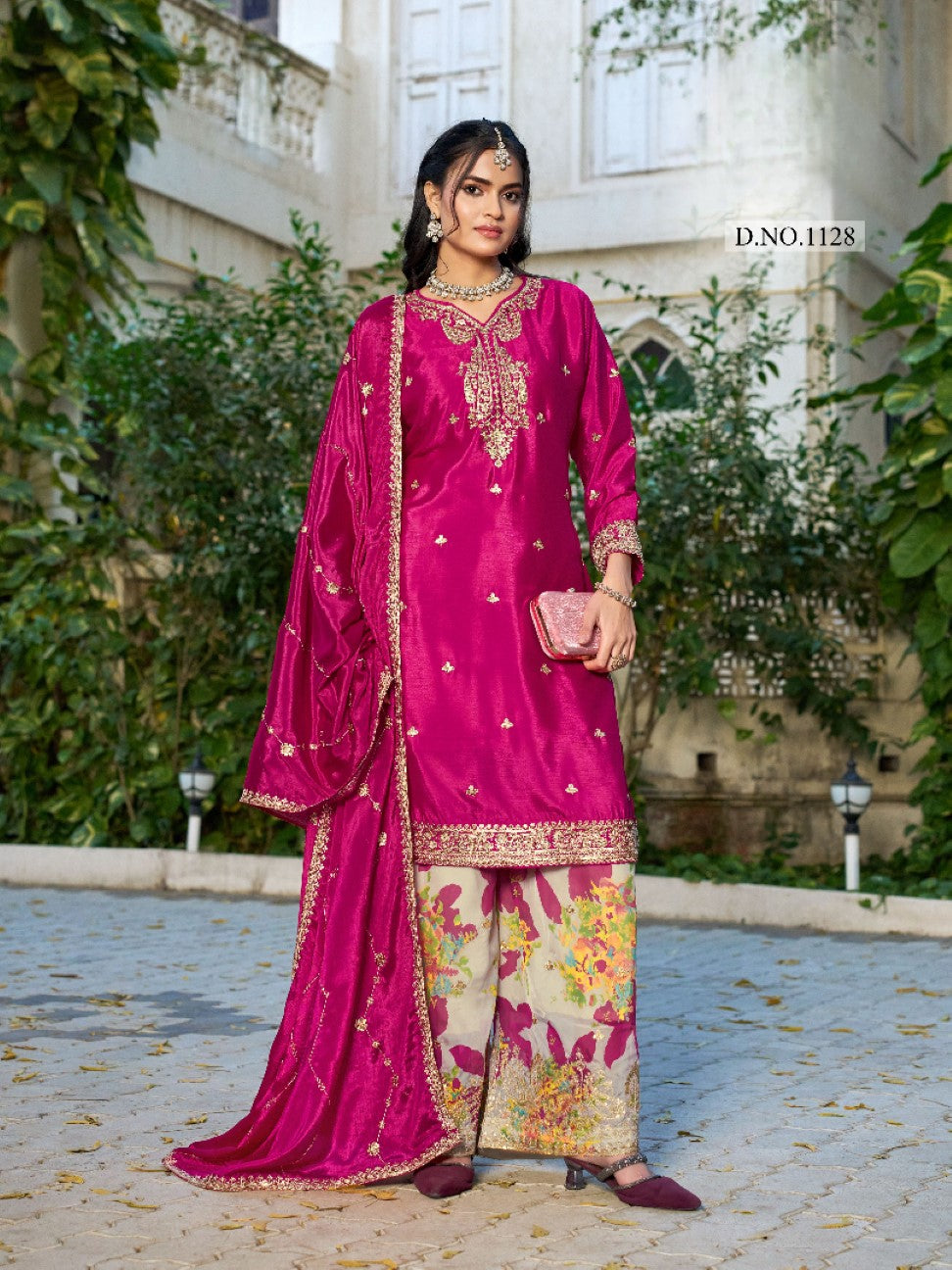 Anaita Hot Pink Chinon Stitched Plazo Suit With Coding Dori & Sequence Work - Distacart