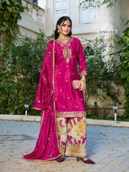 Anaita Hot Pink Chinon Stitched Plazo Suit With Coding Dori & Sequence Work