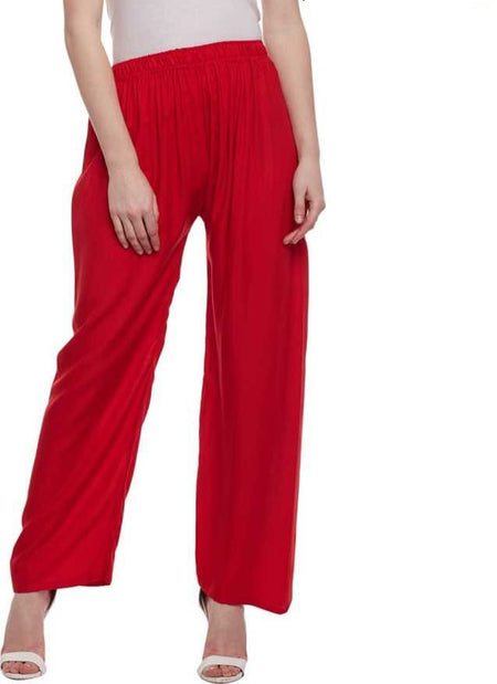 PAVONINE Red Color Straight Fit Rayon Fabric Palazzo For Women